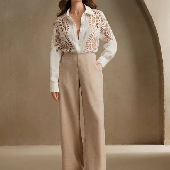 White Casual Women's Lace Hollow Splice Versatile Cardigan Collared Blouse - Picture 7 of 8